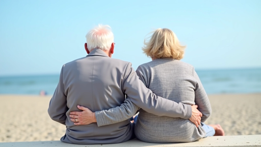 Ouder stel wandelt hand in hand langs de zeedijk met uitzicht op zee