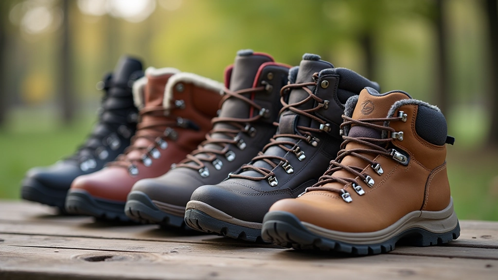 Close-up van verschillende wandelschoenen in verschillende kleuren en stijlen op houten oppervlak