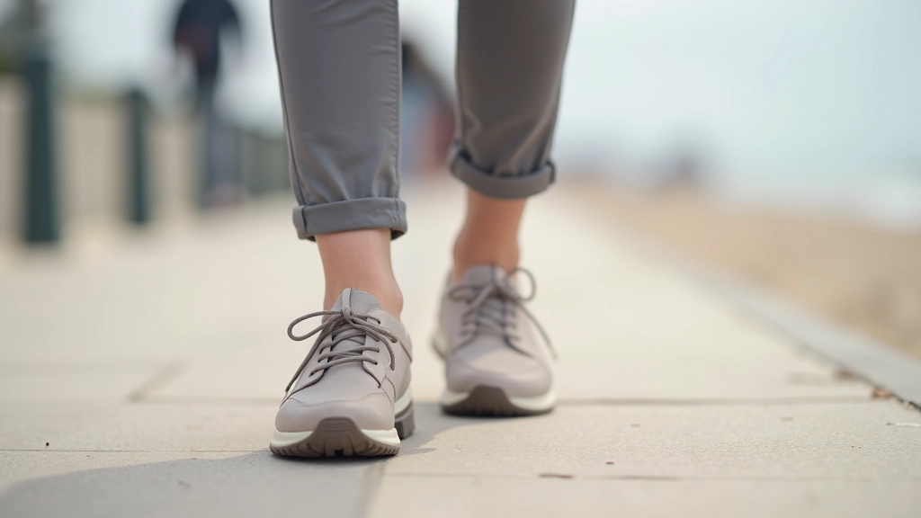 Close-up van wandelschoenen en benen van iemand die op de zeedijk loopt