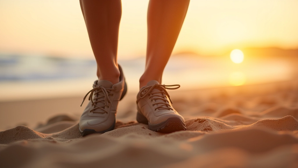 Wandelschoenen op strandzand met zee op achtergrond, voeten van wandelaar zichtbaar