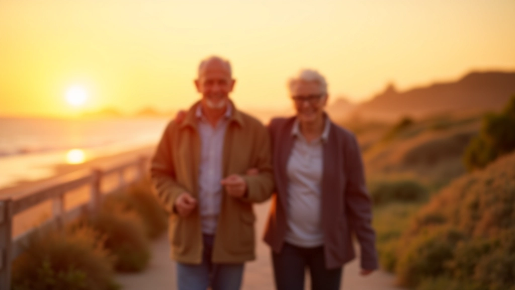 Twee senioren wandelen samen langs de kust