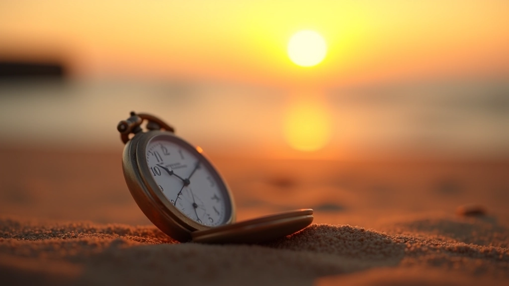 Klok op strand met zon ondergaand achtergrond, timing concept