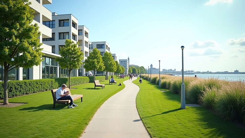 Watersporteiland Oostende met groene zones, zitplekken, moderne gebouwen en zee op achtergrond